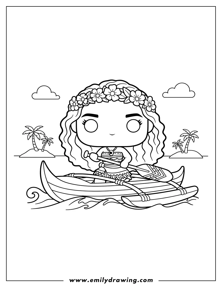 PDF style coloring page: moana Funko Pop in a boat, wearing a flower crown and holding an oar