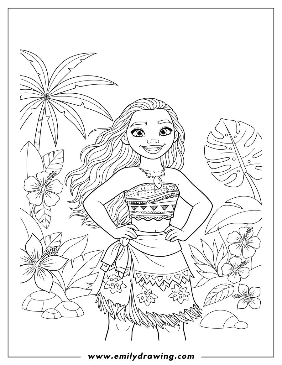 Linear illustration of moana Disney Cover Image, with Moana smiling and hands on hips amidst tropical foliage