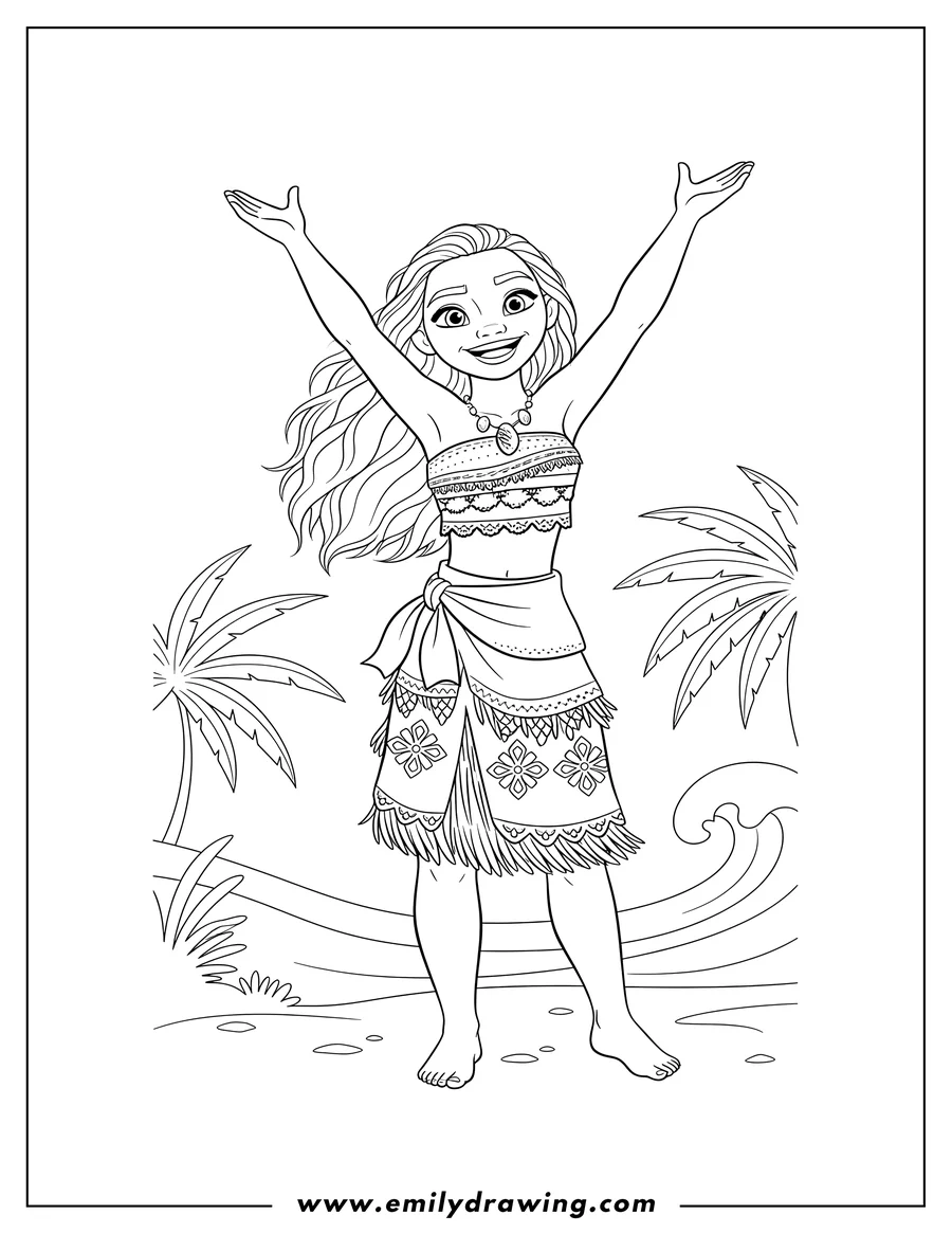 Full page coloring image of moana Movies, Moana with arms raised and smiling
