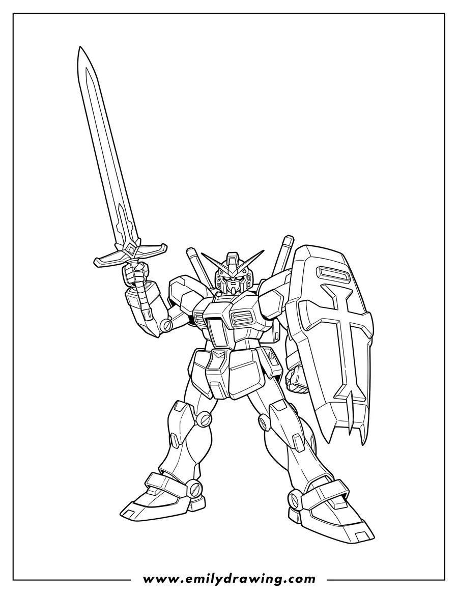 Coloring page for kids: mobile Suit Gundam with sword raised overhead and shield