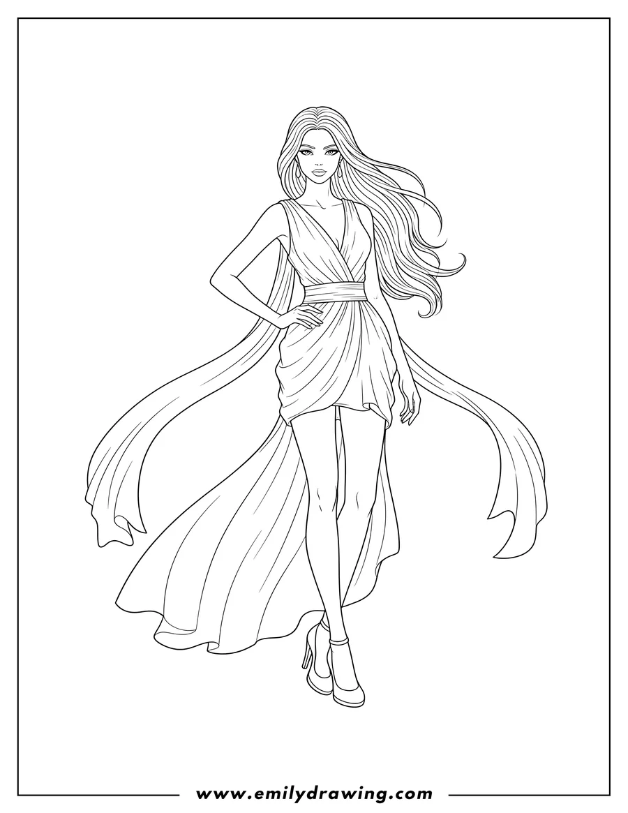Printable coloring page of fashion Model with long hair, standing and posing, wearing a short dress with a trail, a long scarf, and high heels
