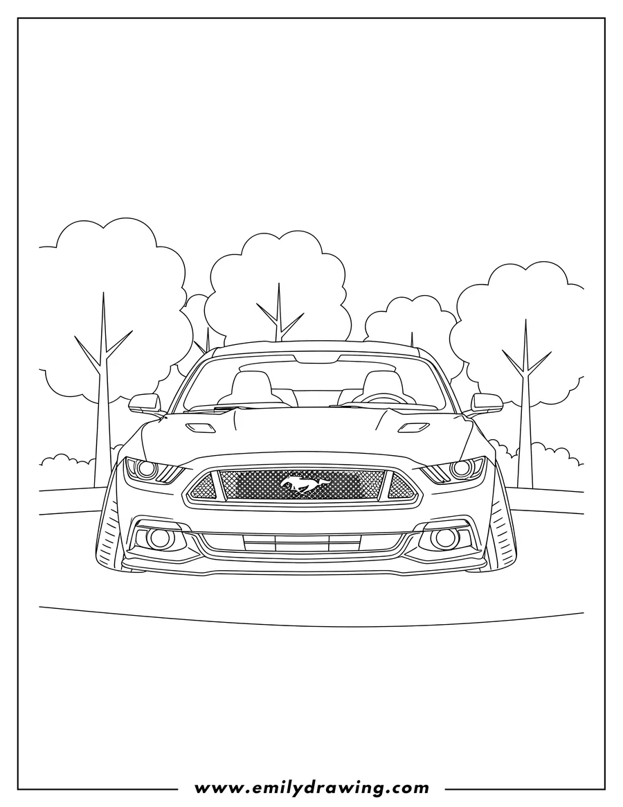 Vector style outline of modern Ford Mustang with pony emblem, stanced, front view, with trees in the background