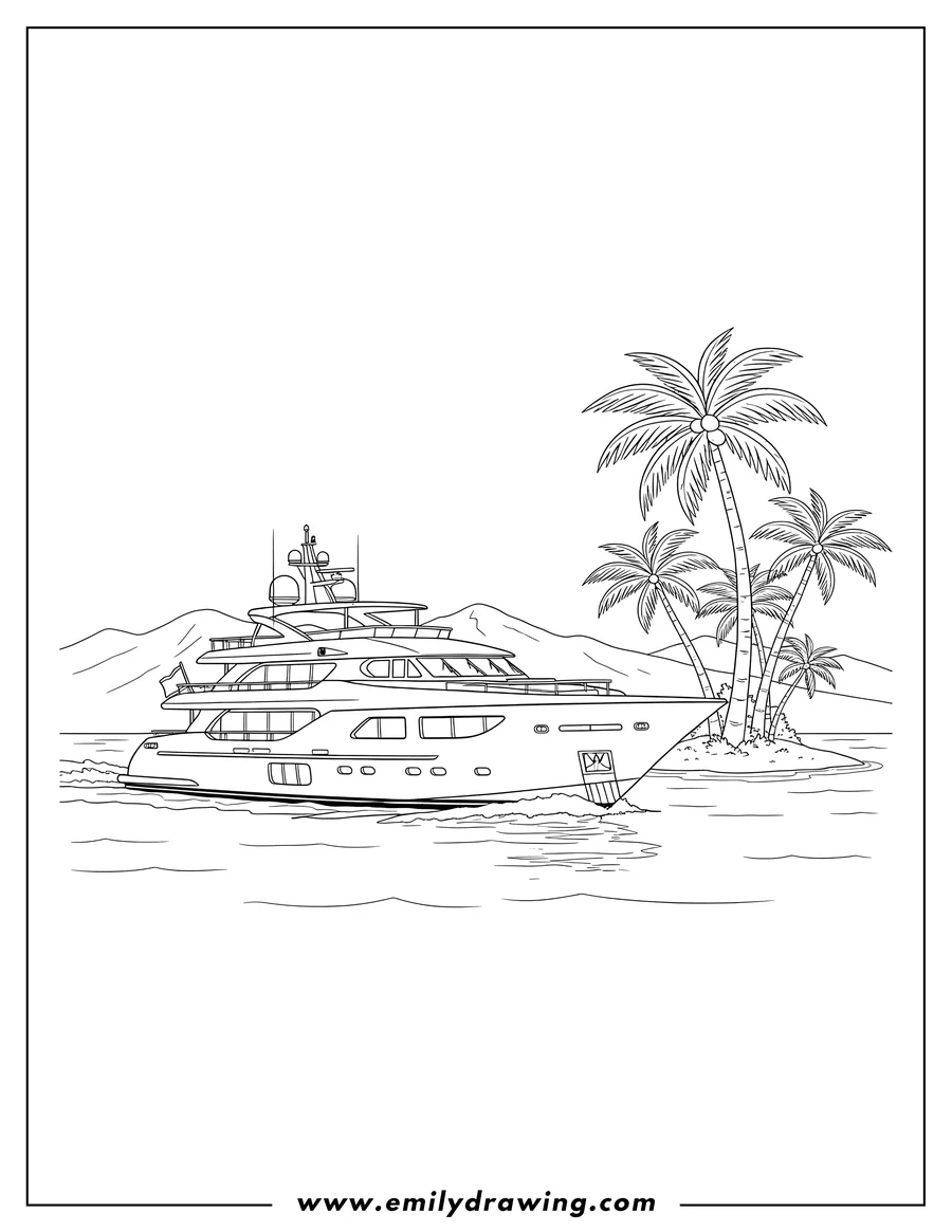 Simple sketch of modern luxury yacht sailing near a tropical island with palm trees and distant mountains to color