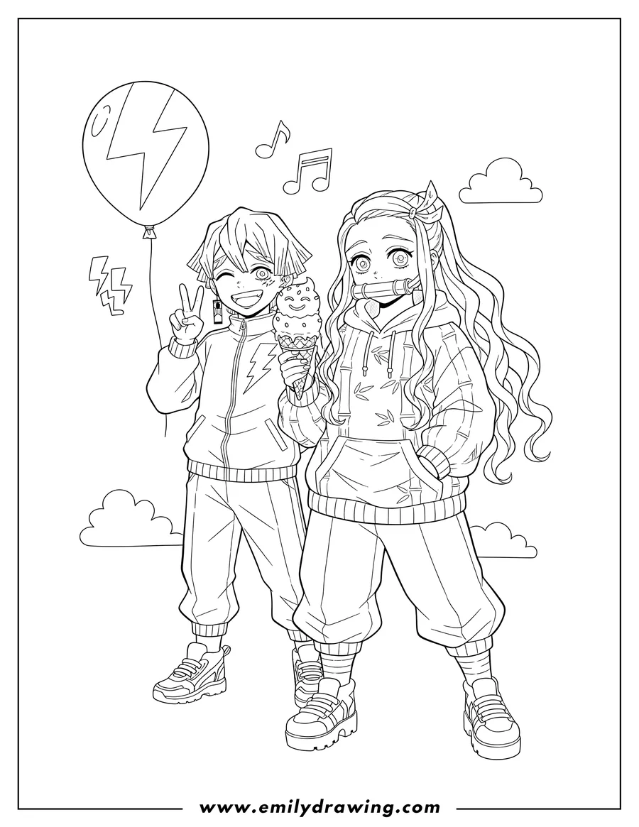 Doodle style coloring picture of modern Nezuko with a bamboo muzzle holds an ice cream cone while standing with Zenitsu