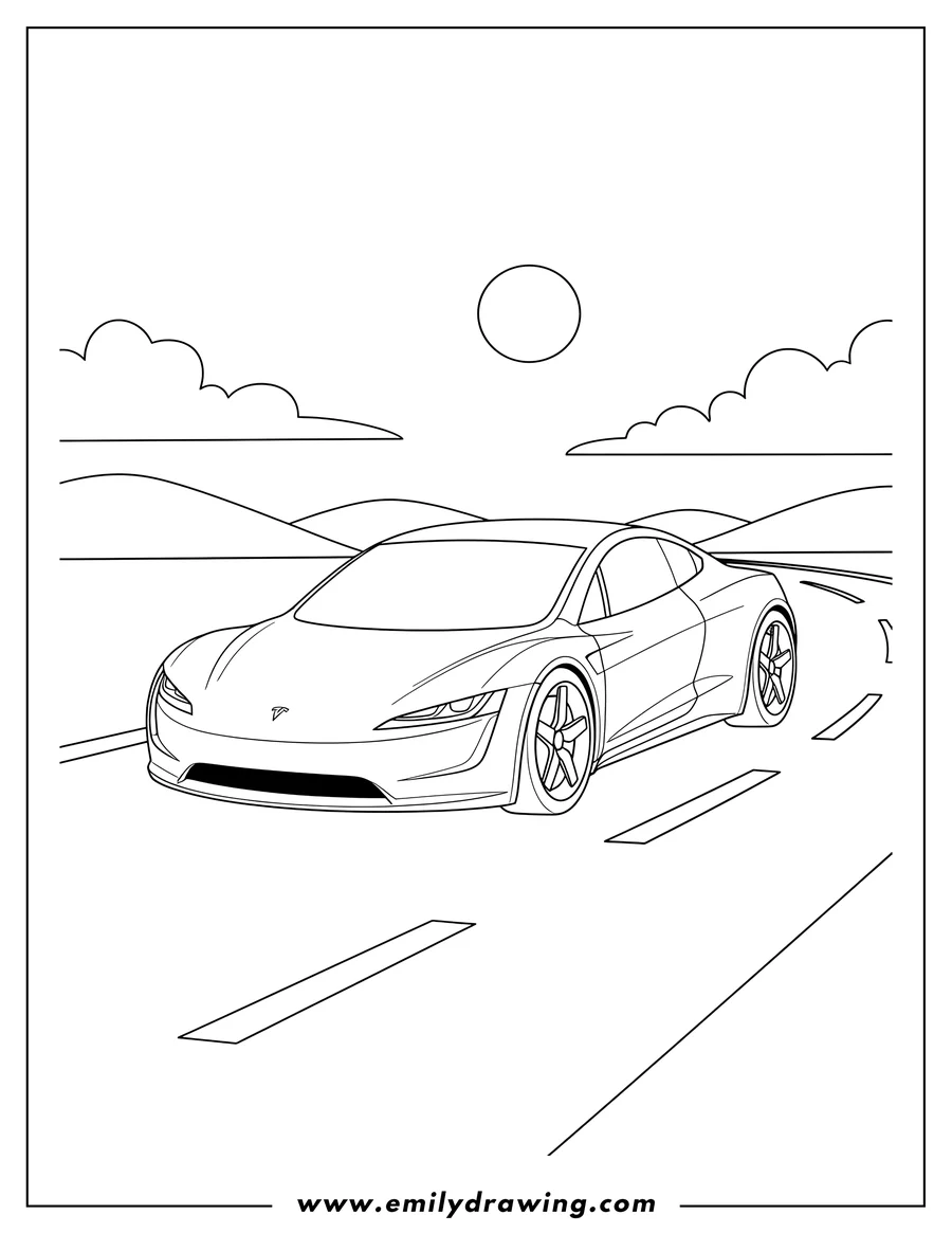 Coloring page of modern Tesla Roadster on a road