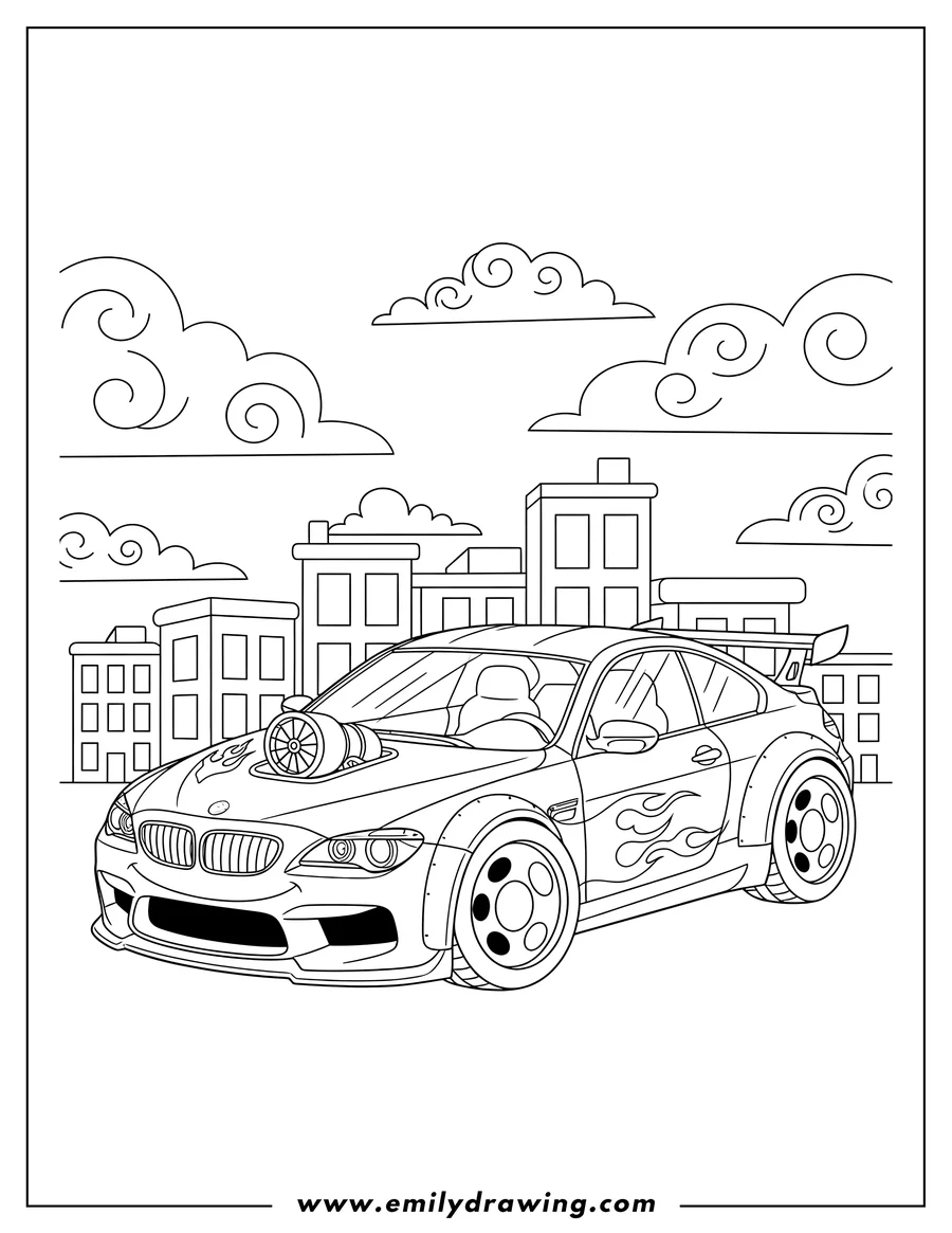 Downloadable coloring page of modified Bmw M6 car in front of city buildings and clouds