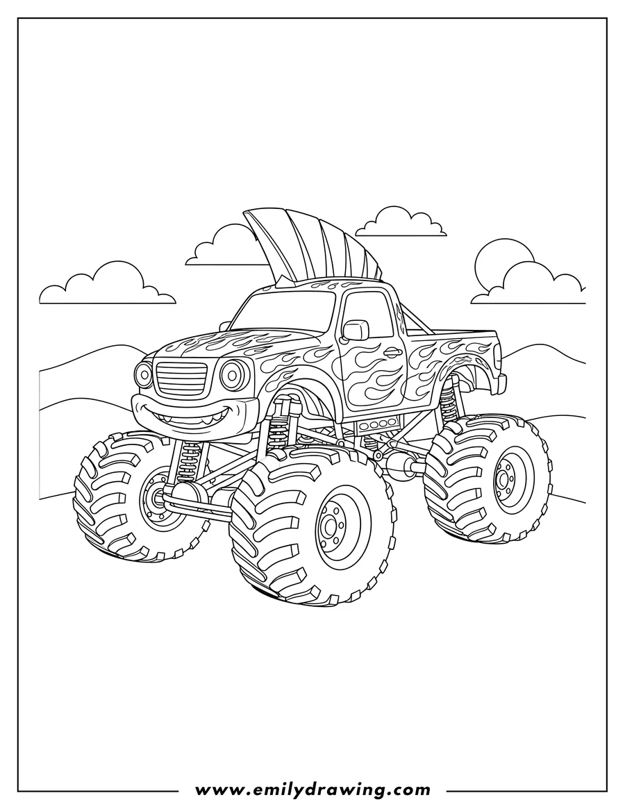 Downloadable coloring page of mohawk Monster Truck Scaled, with giant wheels, viewed from a side-front angle