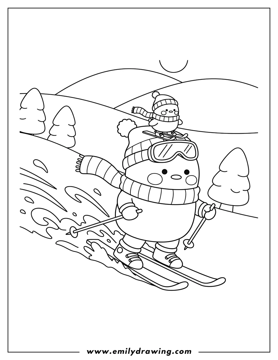 Simple sketch of molang and Piu Piu skiing in winter, Molang wearing a scarf to color