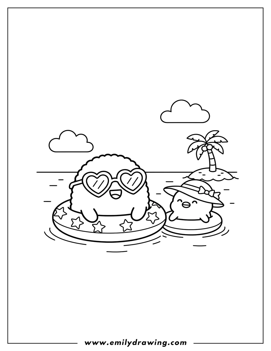 Printable line art of molang And Piu Piu Swimming in inner tubes, Molang in heart sunglasses and Piu Piu in a sun hat
