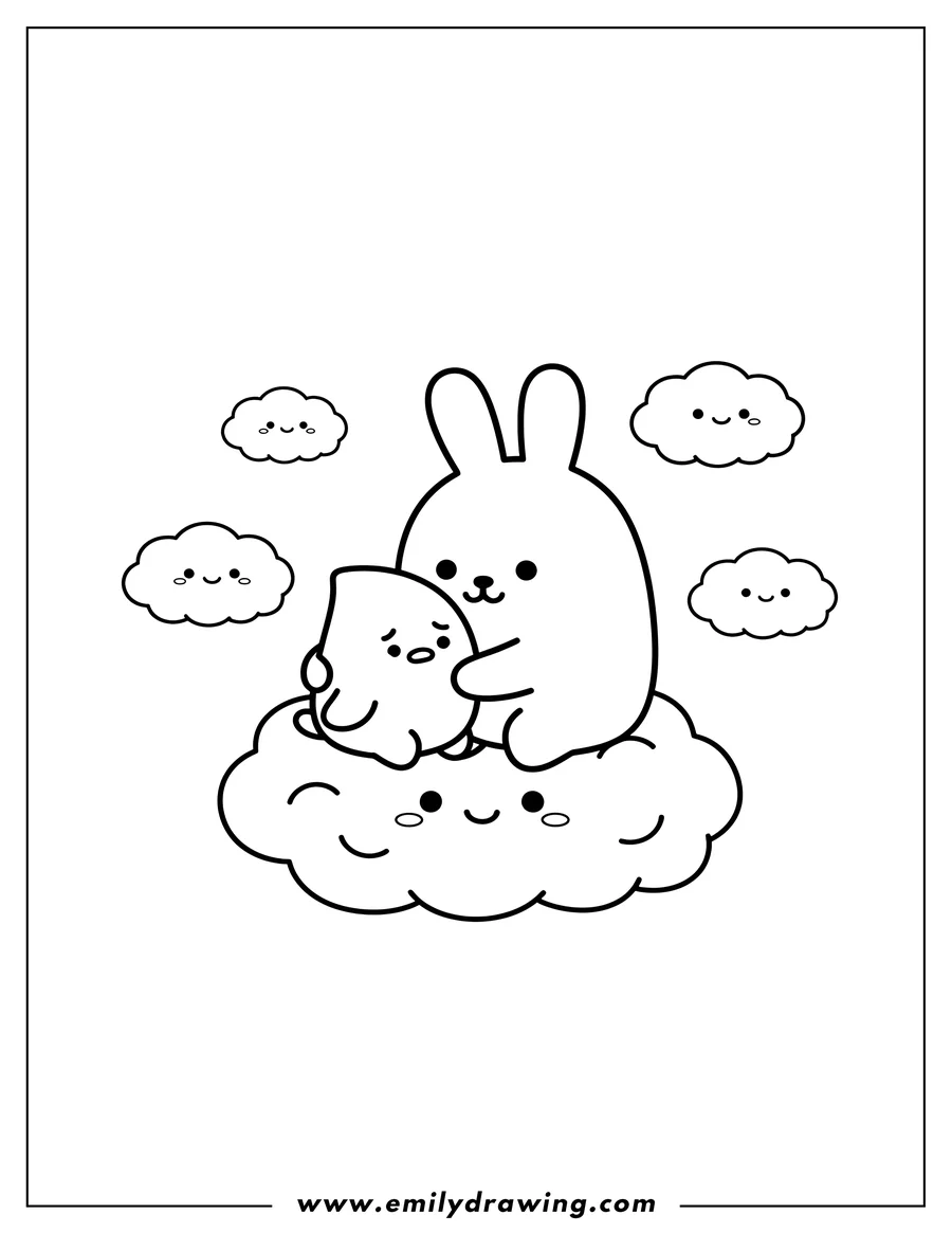Coloring page of molang And Piu Piu Clouds, with Molang gently hugging a small, sad Piu Piu