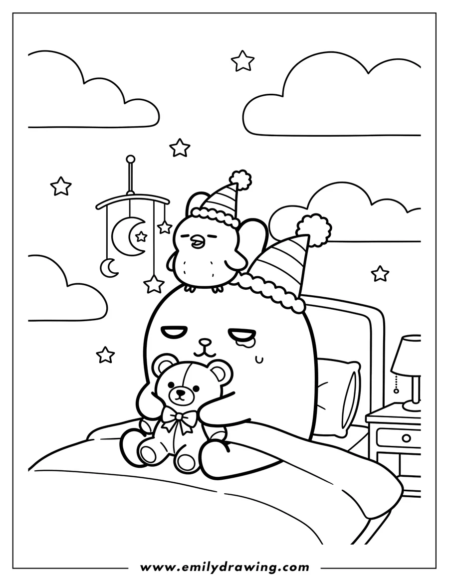 Downloadable coloring page of molang in a sleeping cap holding a teddy bear, with sleepy Piu Piu in a sleeping cap, at bedtime