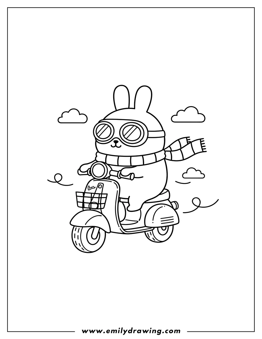Coloring sheet featuring molang riding a scooter, wearing a scarf and pilot goggles