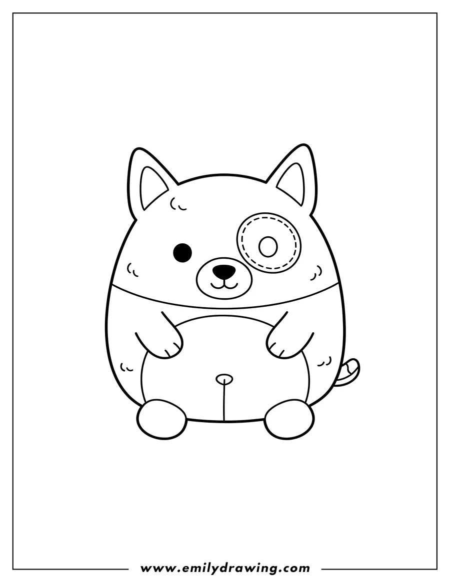 Doodle style coloring picture of molinda Bull Terrier Squishmallow with a patch over its eye
