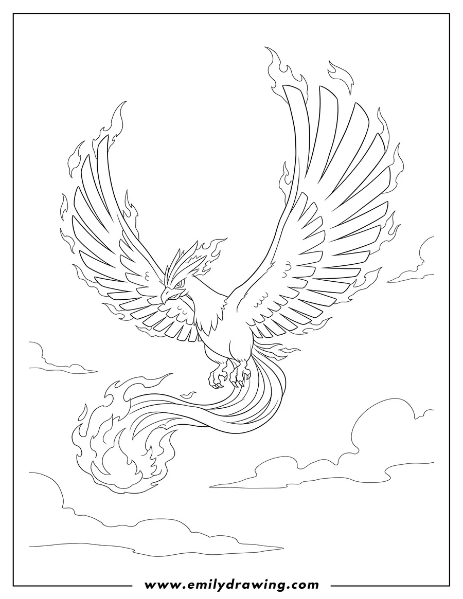 Black and white line art of moltres flying with fiery wings