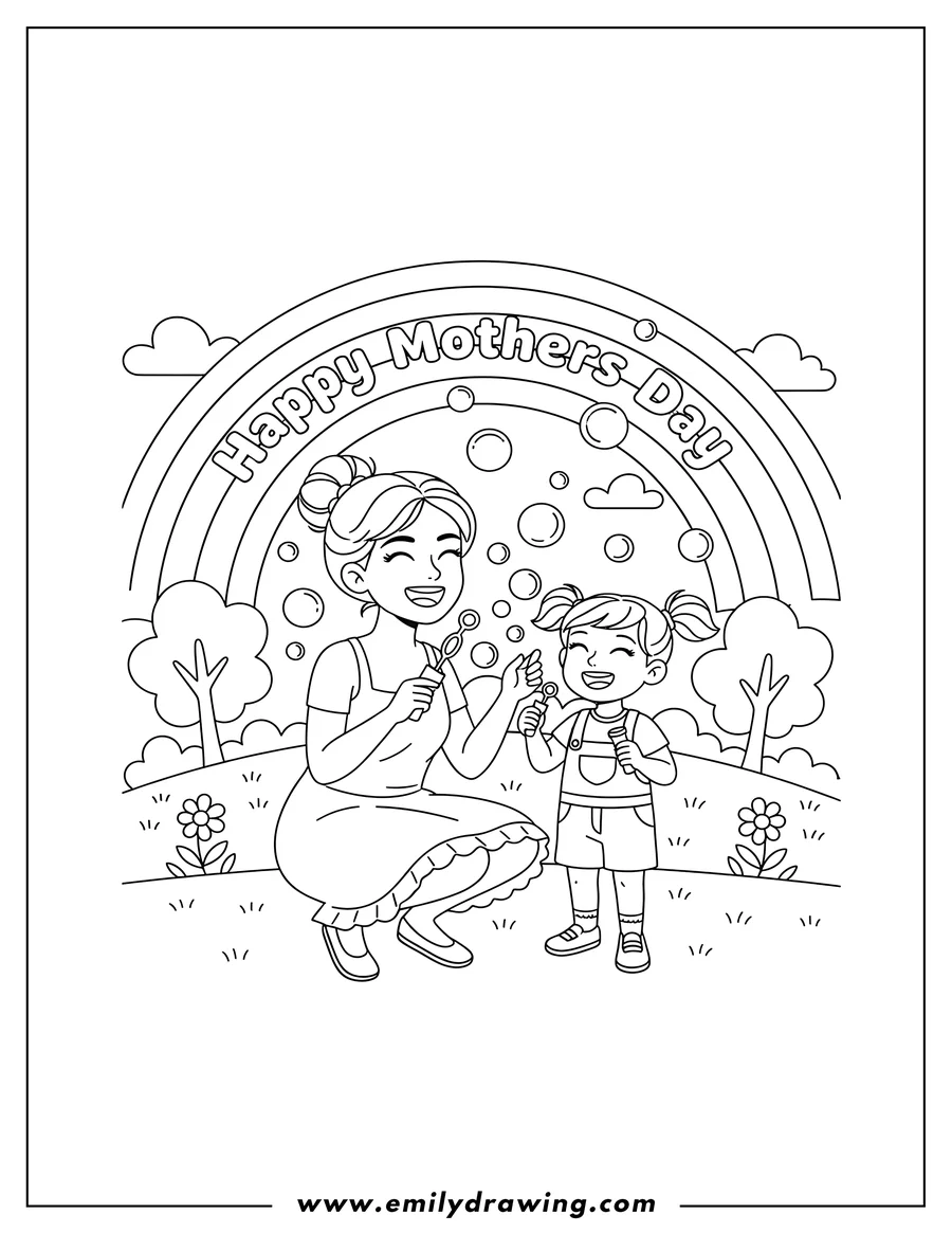 Coloring page of happy Mothers Day On Rainbow With Mom squatting and daughter standing, both blowing bubbles in a park