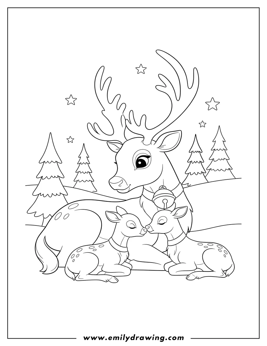 Outline drawing of mom reindeer with antlers and a bell, lying down with her two fawns