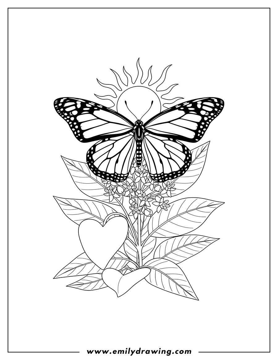 Coloring page for kids: monarch Butterfly feeding on native Texas milkweed, wings open, under a sun with rays
