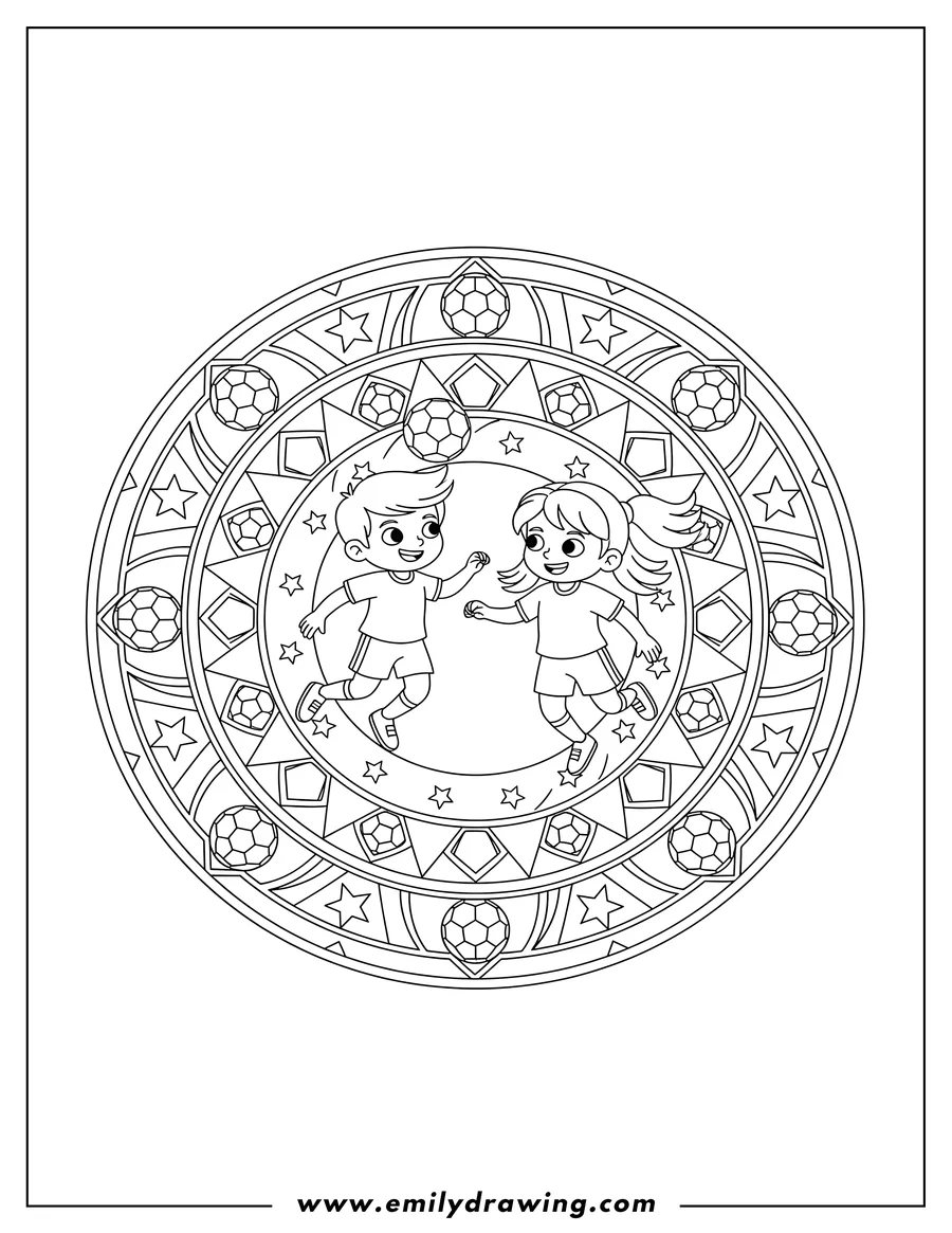 Linear illustration of monday Mandala: Two soccer players heading a ball