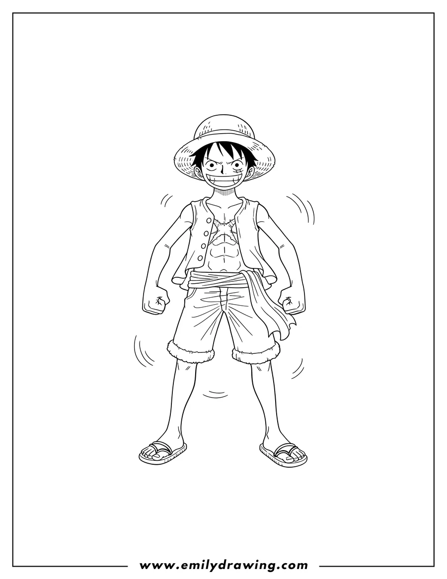 Doodle style coloring picture of monkey D Luffy in his iconic pose, wearing a straw hat, with clenched fists and a determined grin