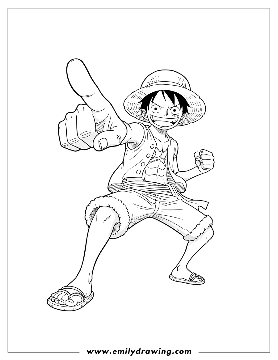 High quality printable monkey D. Luffy in his straw hat, pointing forward with a wide grin for coloring