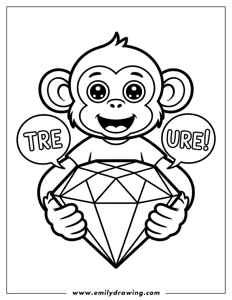 Line art of a happy cartoon monkey holding a large faceted diamond, with speech bubbles saying 'TRE' and 'URE!'