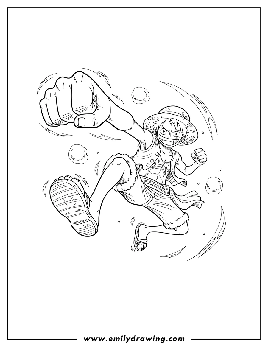 Printable line art of monkey Luffy jumping and throwing a punch with a wide grin