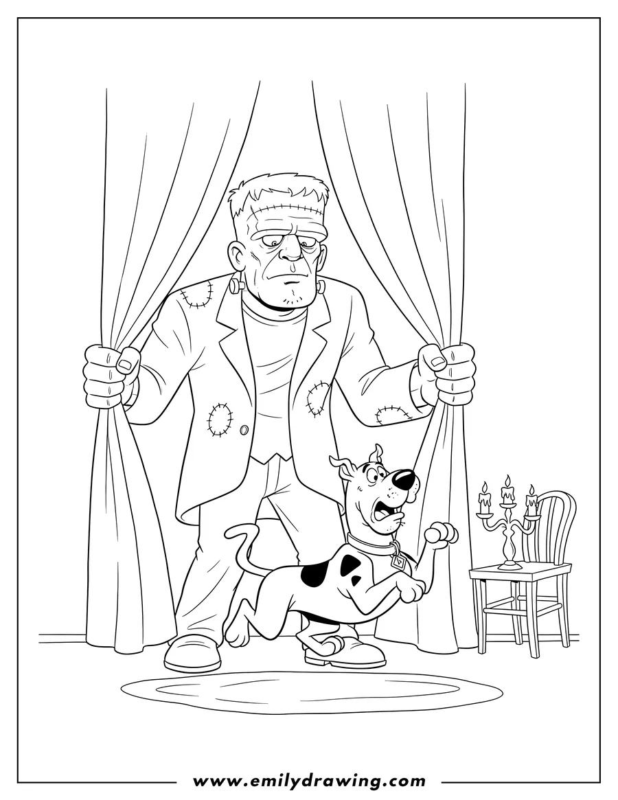 PDF style coloring page: frankenstein's monster pulling back curtains, chasing a running and scared Scooby Doo