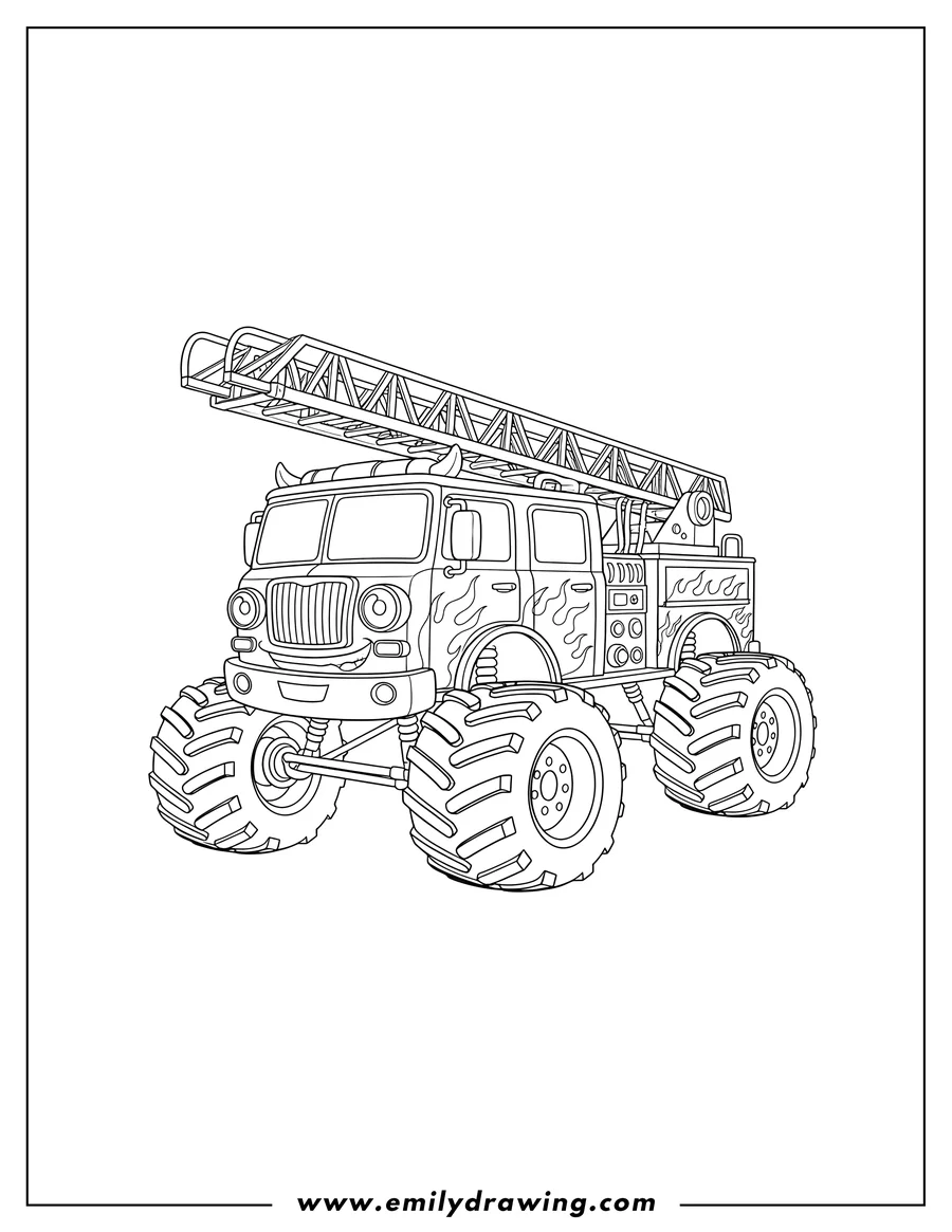 Doodle style coloring picture of monster fire truck with huge wheels and a fire ladder