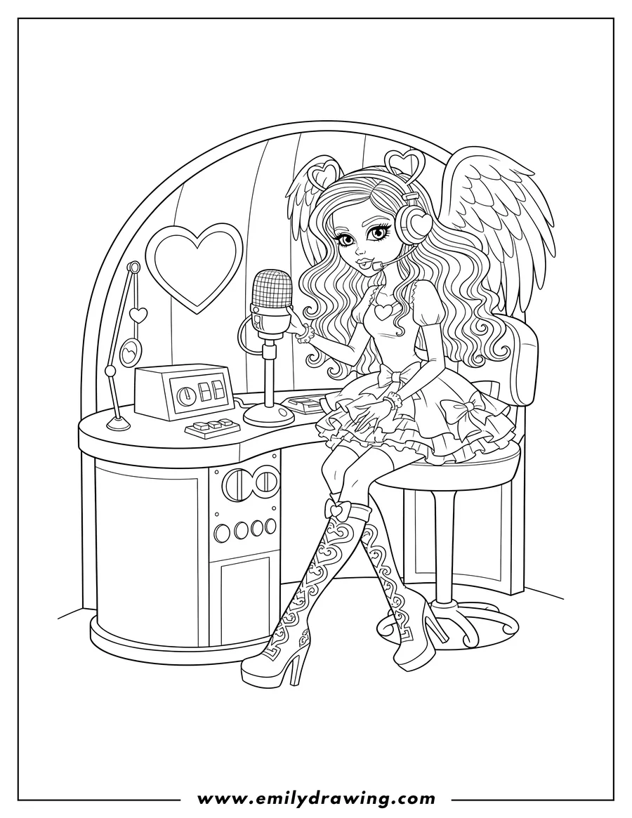 Printable line art of monster High C.A. Cupid at her radio booth with headphones and microphone