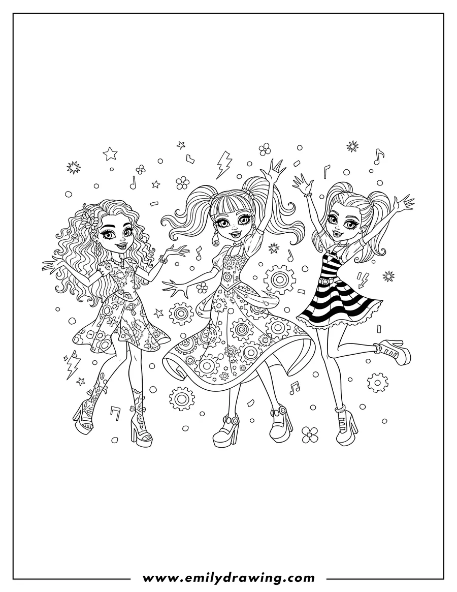 Free printable coloring sheet of monster High Robecca Steam Honey Swamp And Frankie Stein dancing and cheering with confetti