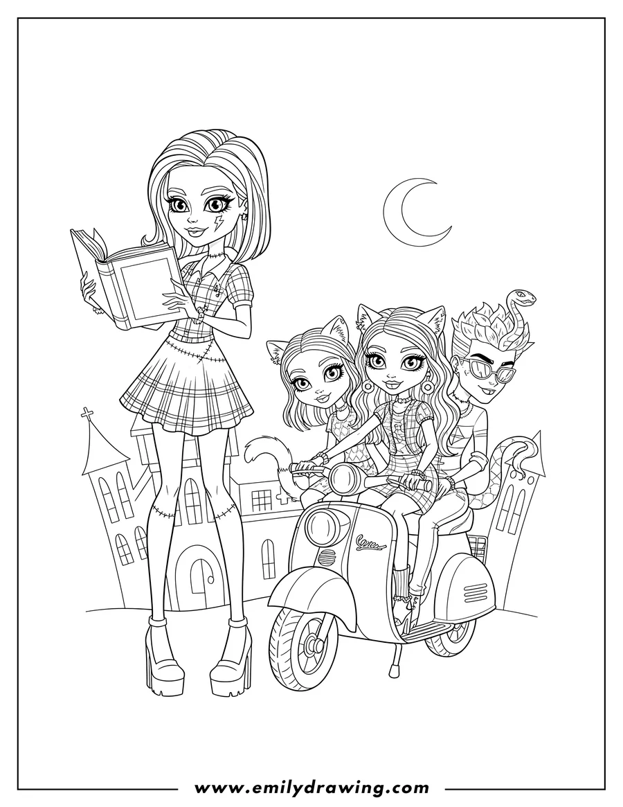 Downloadable coloring page of monster High Frankie Stein holding a book, Clawdeen, Catrine Demew, and Deuce Gorgon riding a scooter