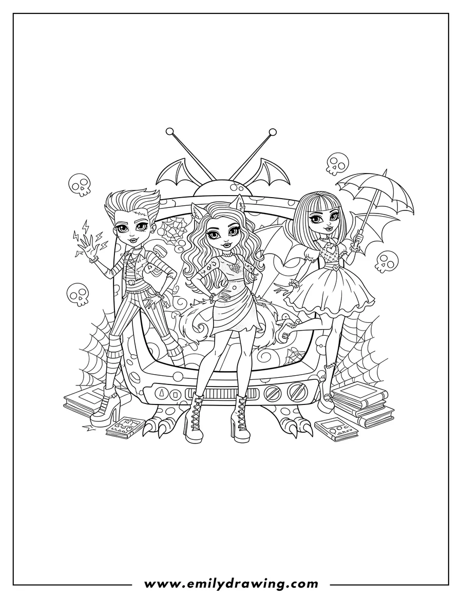 PDF style coloring page: monster High Tv, three characters posing