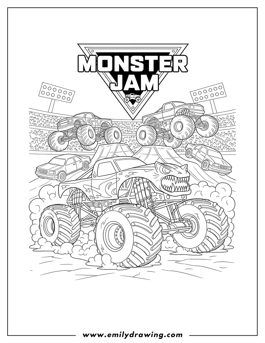 High quality printable monster Jam poster with multiple monster trucks, a prominent monster truck in the foreground, and the Monster Jam logo for coloring