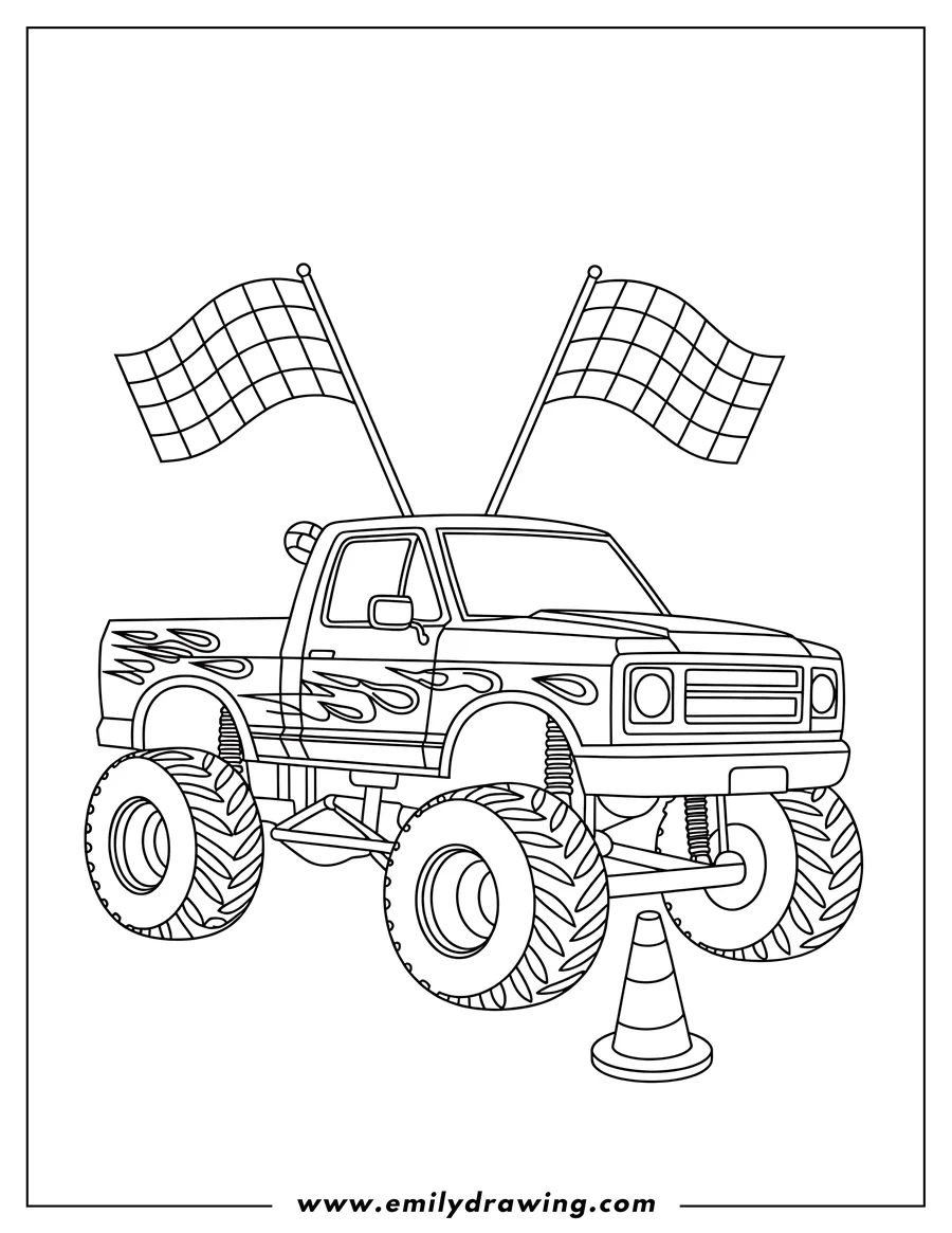 Line art of a monster truck with large wheels, flame decals on its side, two checkered flags on poles, and a small traffic cone in front of one wheel.