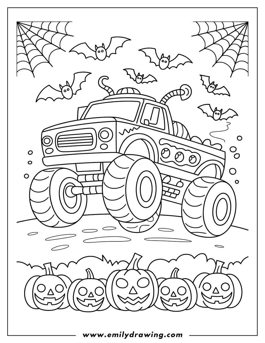 Line art of a monster truck with large wheels, surrounded by flying bats and spiderwebs, and a row of smiling jack-o'-lanterns below.