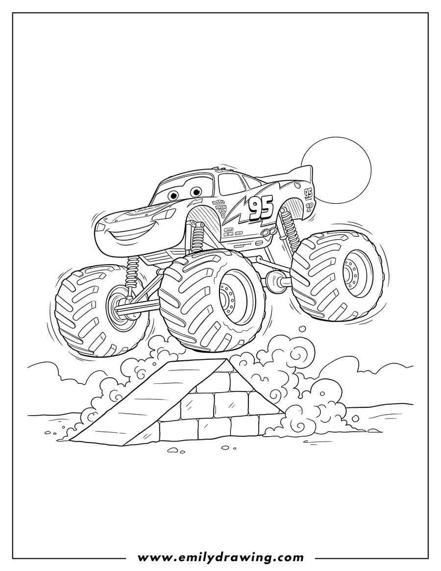 Free printable coloring sheet of monster Truck Lightning Mcqueen Scaled, jumping on a ramp and smiling