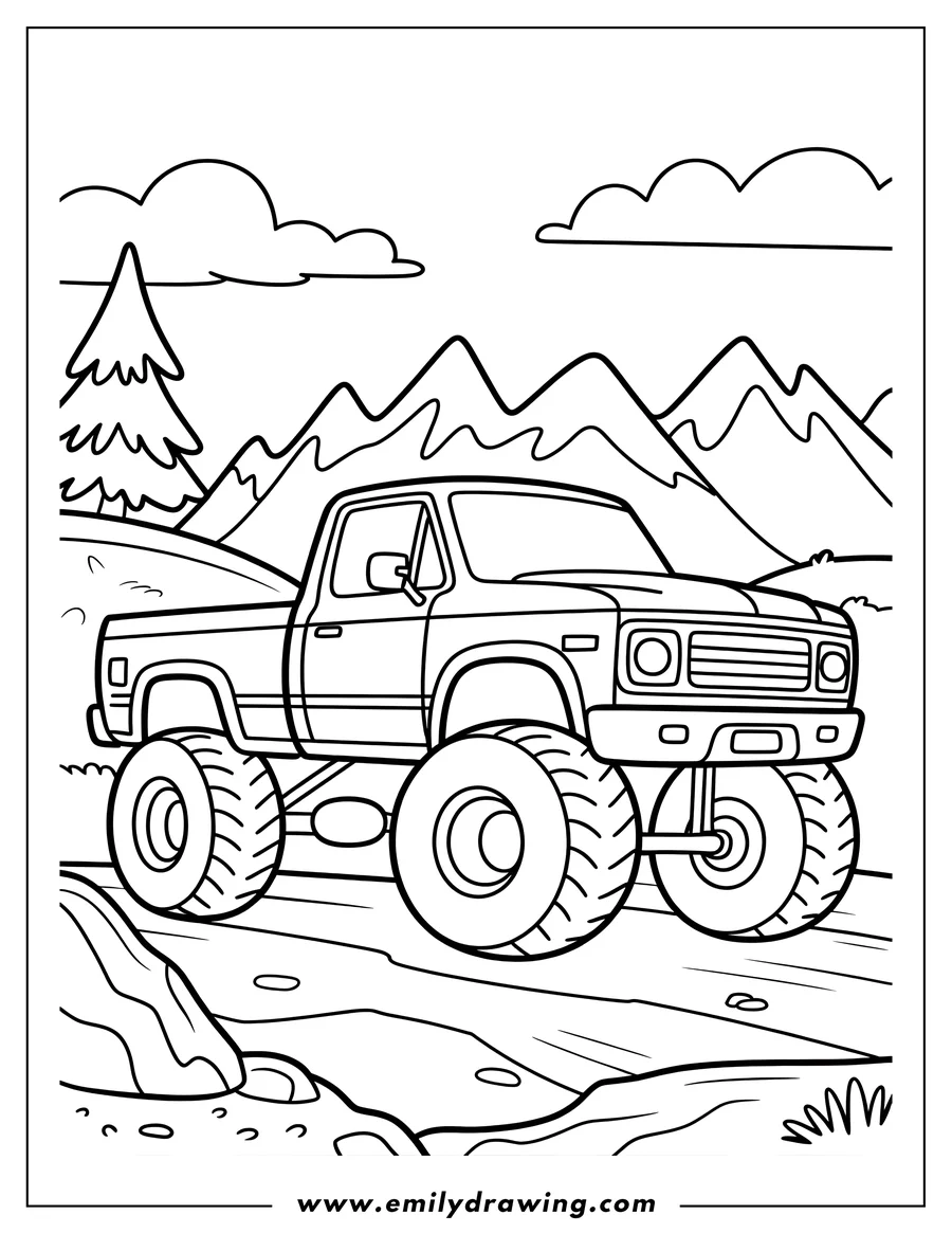 Line art of a monster truck with huge wheels driving through a mountainous landscape with a pine tree and clouds.