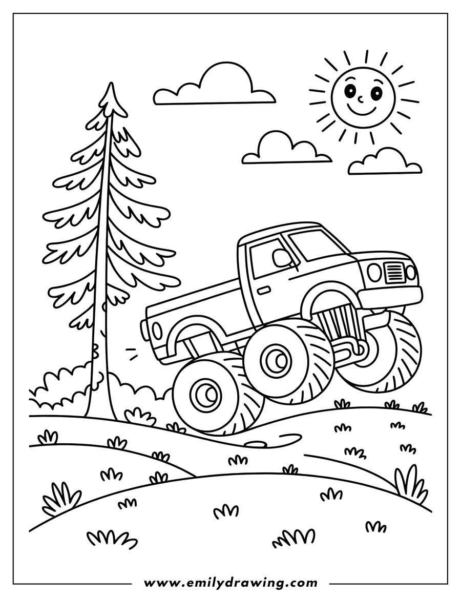 Line art of a monster truck driving over hills, with a pine tree, clouds, and a smiling sun in the background