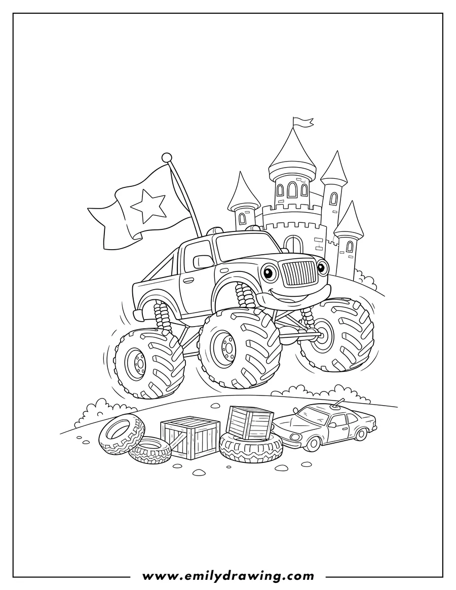 Linear illustration of monster truck with a flying flag on its back, jumping over obstacles with a castle in the background