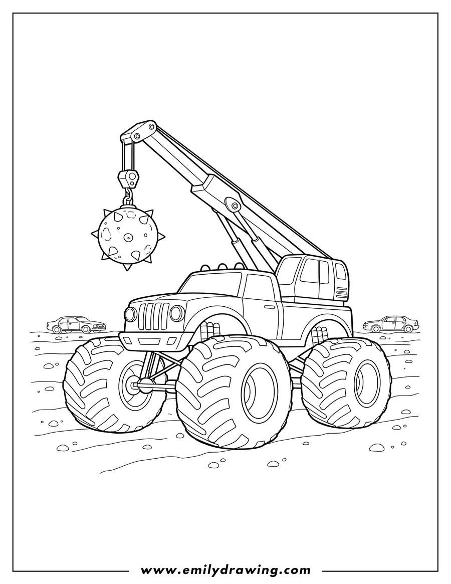 Doodle style coloring picture of monster Truck with huge tires and a crane arm holding a wrecking ball