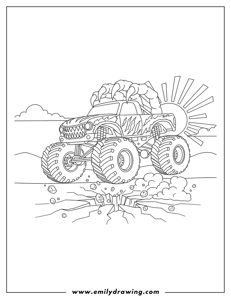 Free printable coloring sheet of monster Truck With Claw Design, leaping over cracked ground
