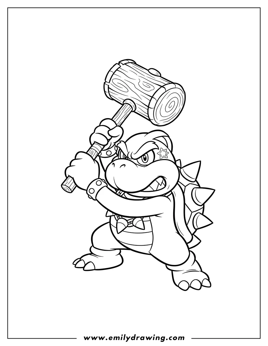 Printable coloring page of morton Koopa Jr. raising a hammer overhead, fierce expression, Nintendo