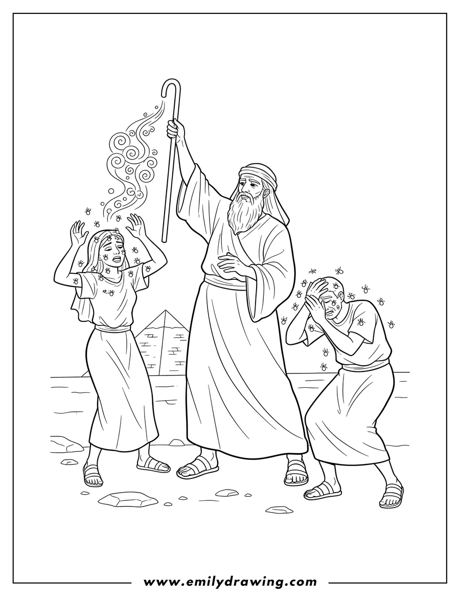 Coloring page for kids: moses Bringing Plague Gnats Egypt, with two distressed people covered in gnats, one swatting