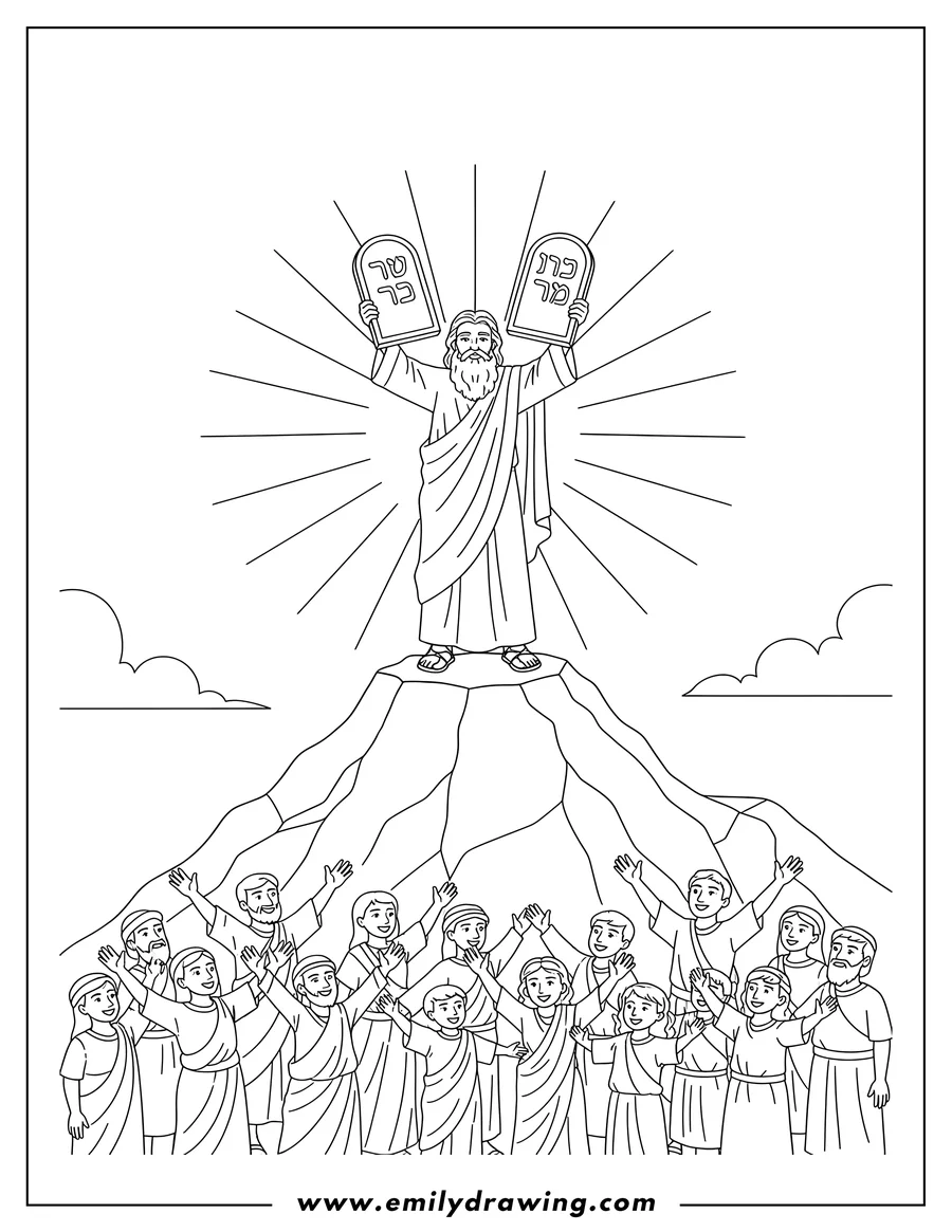 Vector style outline of moses holding two stone tablets on a mountain, with a crowd of Hebrews looking up at him