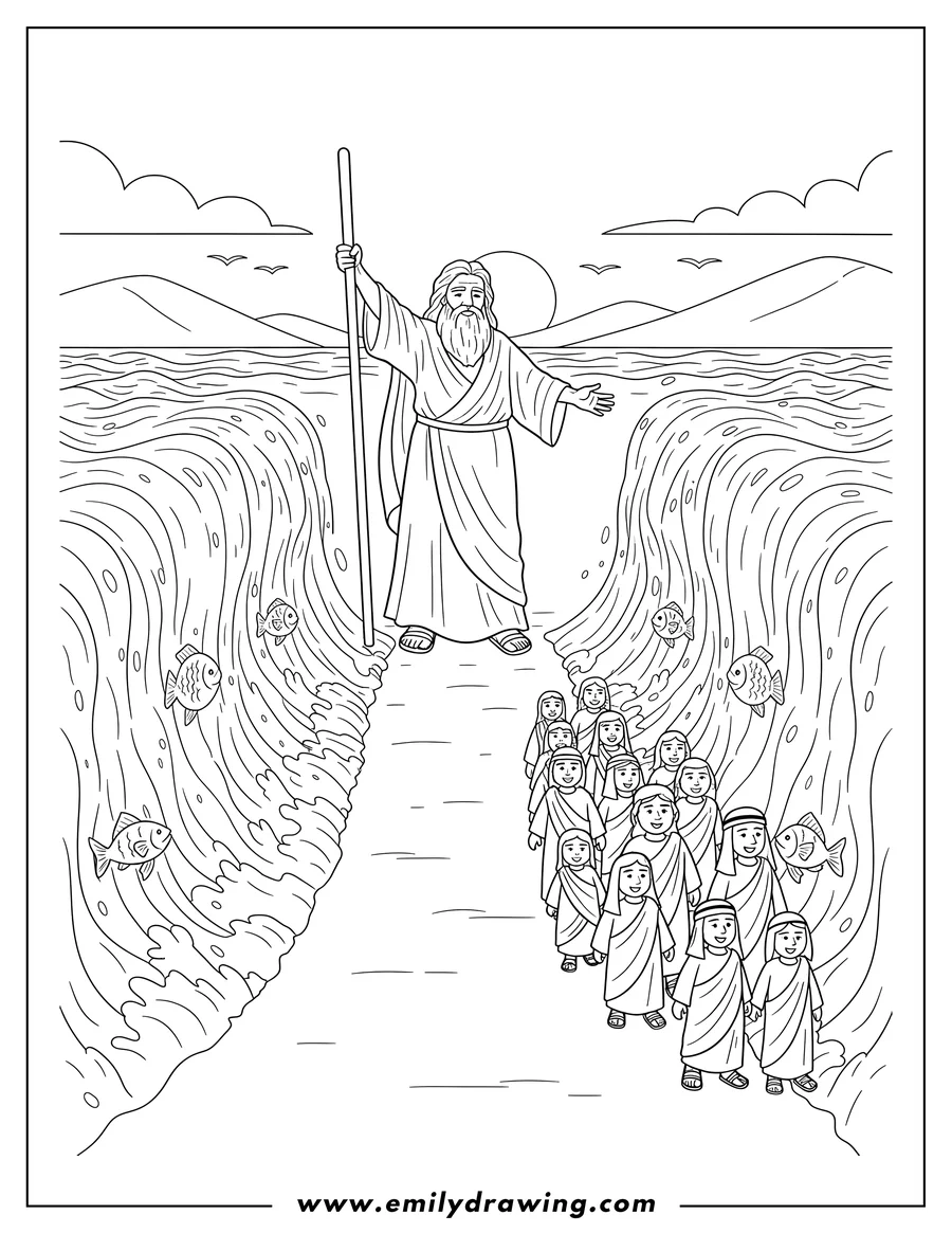 Coloring page of moses parting the Red Sea with his staff, as Hebrews walk through