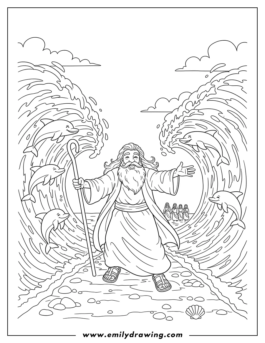 High quality printable moses with staff and outstretched hand parting the Red Sea, with playful dolphins for coloring