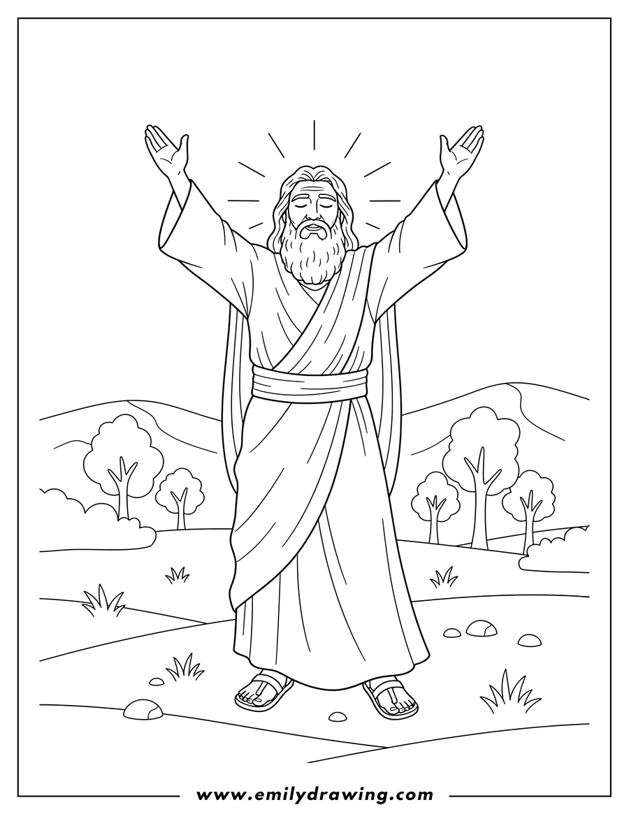 Outline drawing of moses Praising Lord with arms raised and eyes closed