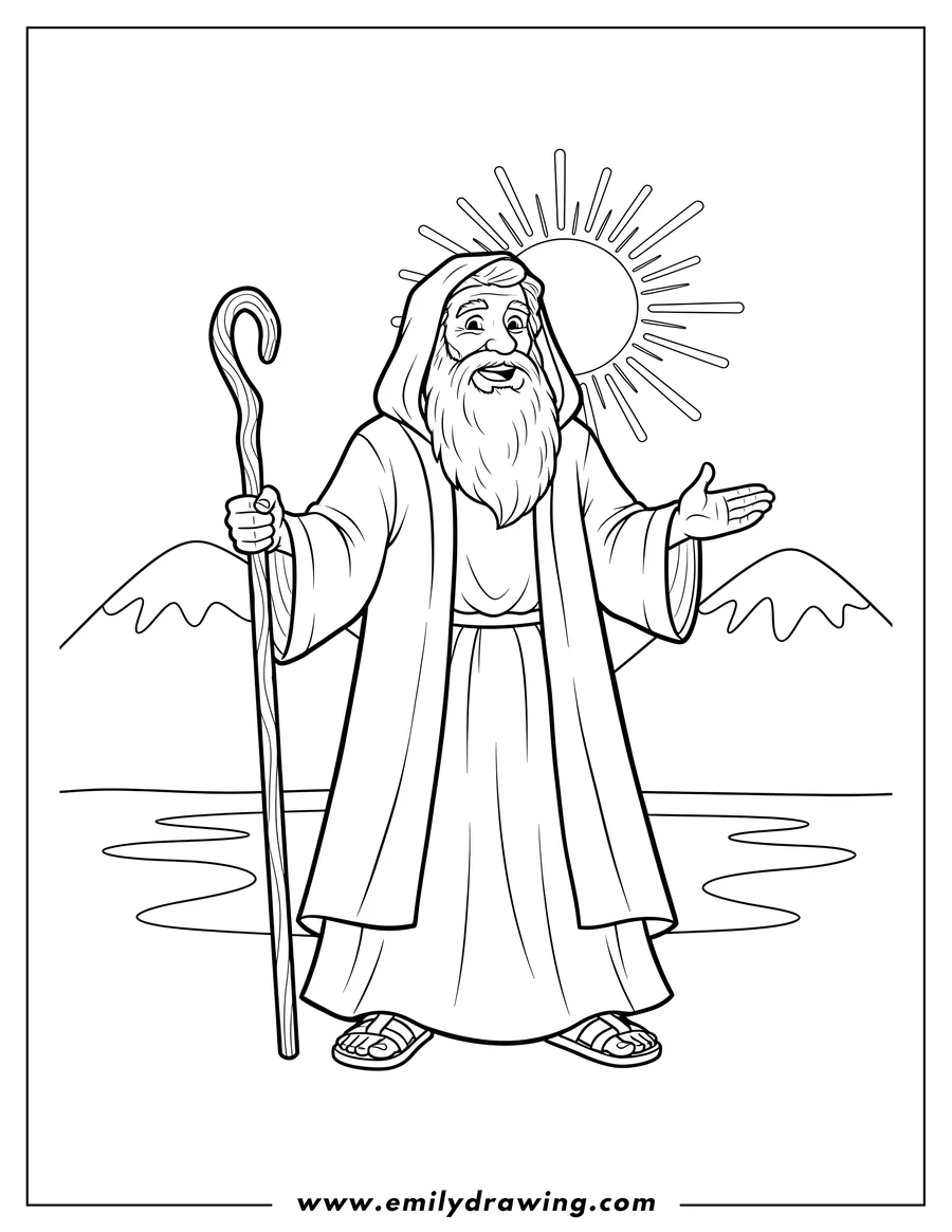 Linear illustration of moses standing with a beard and robe, holding a staff, coloring page