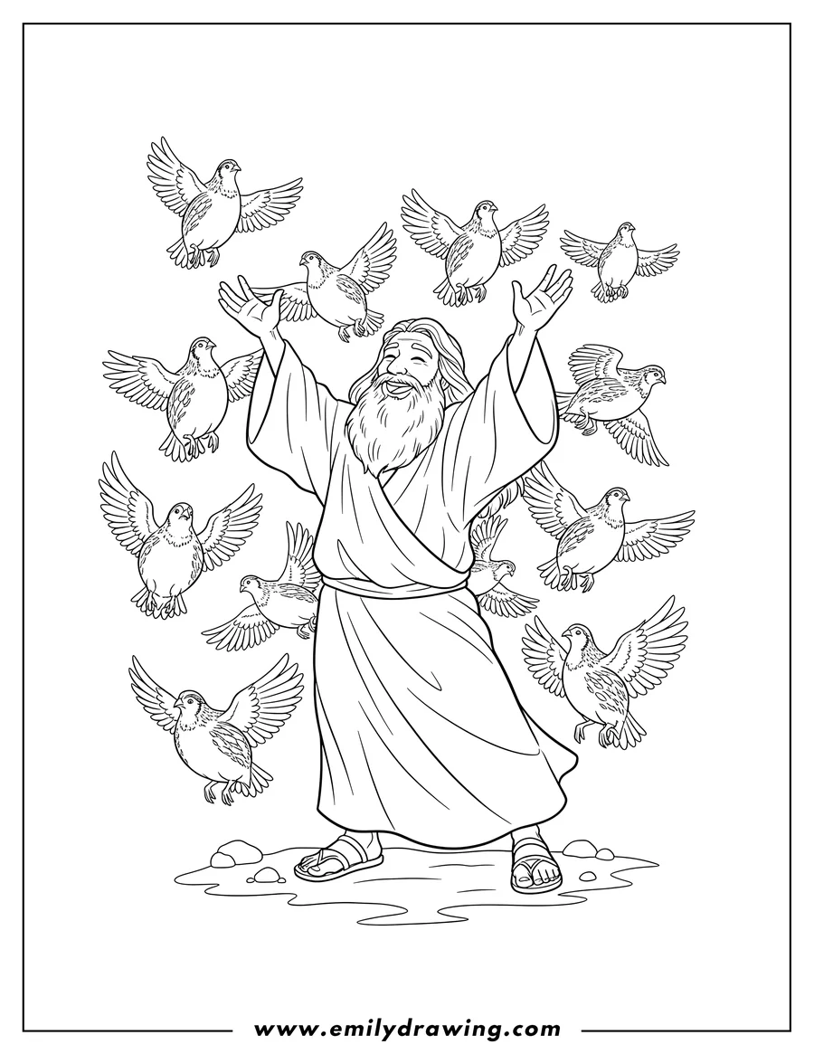 Clean line drawing: moses Surrounded By Quail, with arms raised and a joyful expression