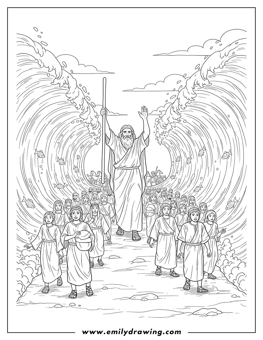 Coloring page of moses raising his staff, leading the Hebrews through the parted Red Sea
